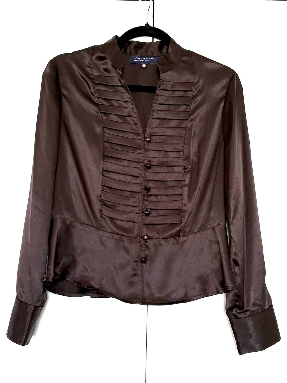Vtg Jones New York Brown Satin Ruffled Front Blouse